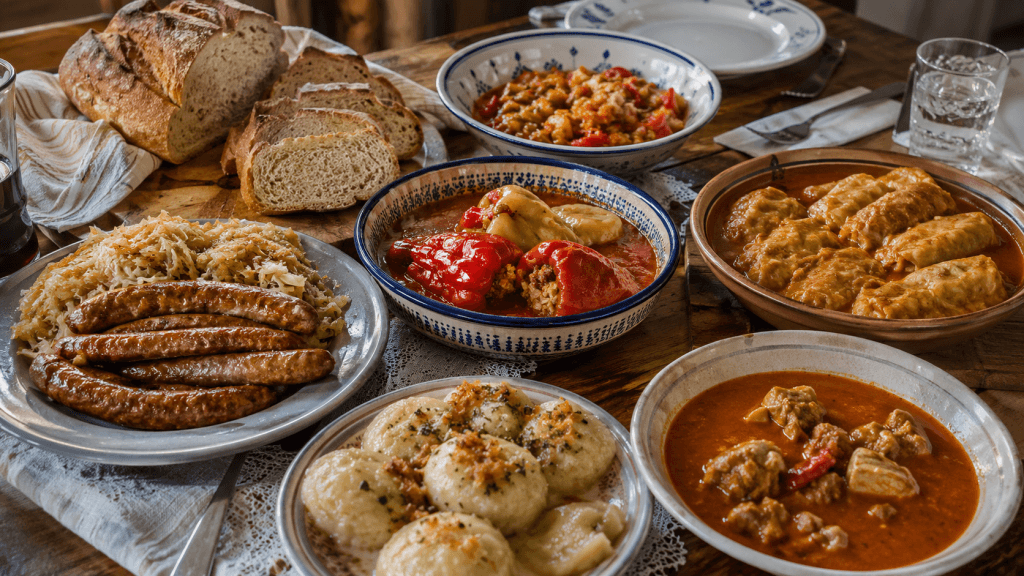 Donauschwaben Rezepte mit Banater Bratwurst, Sarma, Hühnerpaprikasch, gefüllten Paprika und Knödeln auf einem rustikalen Tisch.