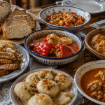 Donauschwaben Rezepte mit Banater Bratwurst, Sarma, Hühnerpaprikasch, gefüllten Paprika und Knödeln auf einem rustikalen Tisch.
