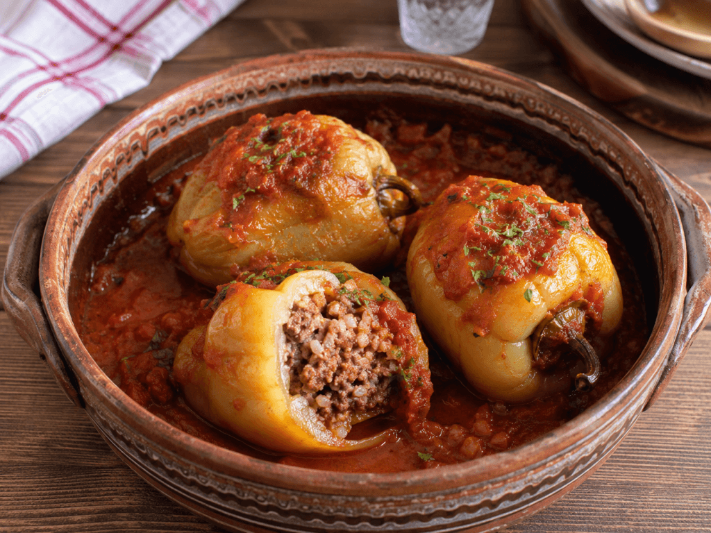 Donauschwaben Rezepte mit gefüllter Paprika, Fleisch-Reis-Füllung und Tomatensauce