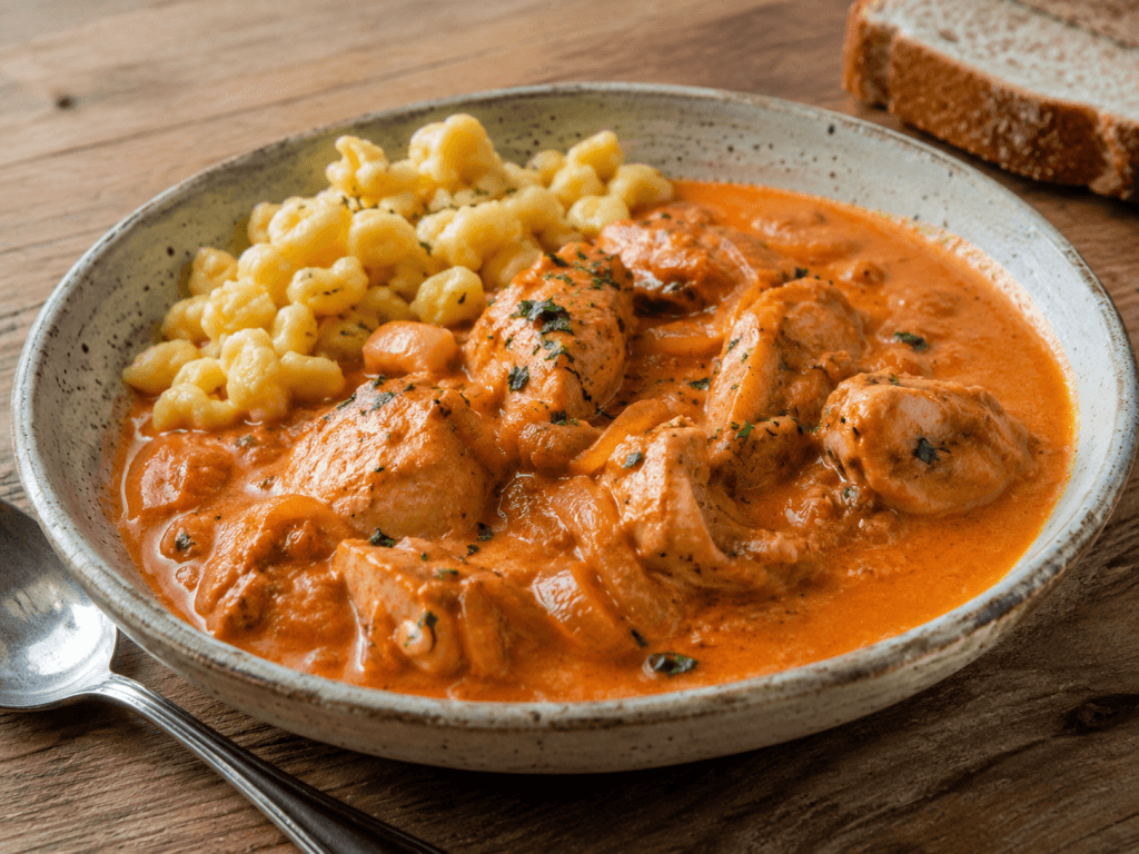 Donauschwaben Rezepte mit Hühnerpaprikasch, Nockerl und cremiger Paprikasauce
