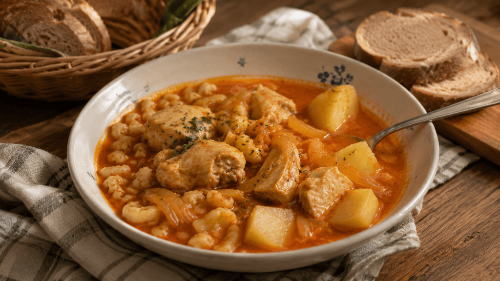 Hühnerpaprikasch mit Kartoffeln und Nockerl als traditionelles Donauschwaben Rezept in warmer Paprikasauce