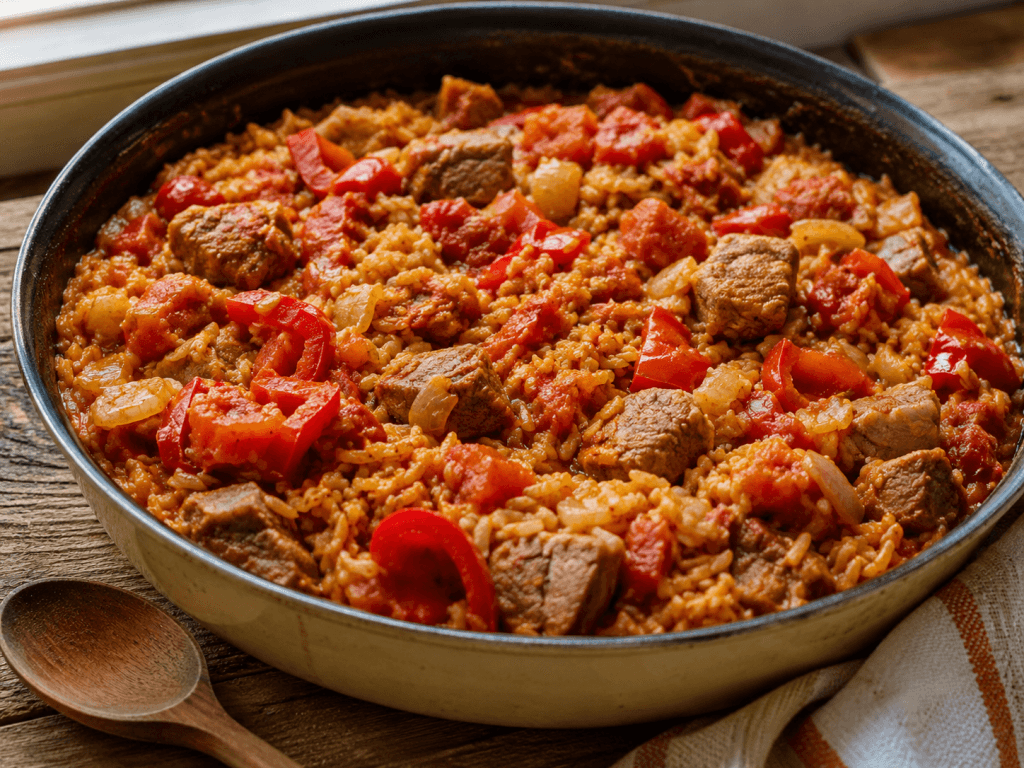 Donauschwaben Rezepte mit Juwetsch, Reis, Schweinefleisch, Paprika und Tomaten