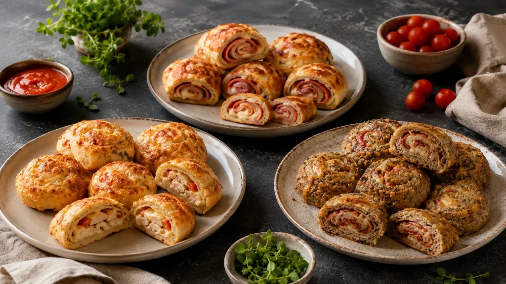 Drei Low Carb Pizzaschnecken mit Skyr, Fathead-Teig und Quark auf separaten Tellern