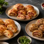 Drei Low Carb Pizzaschnecken mit Skyr, Fathead-Teig und Quark auf separaten Tellern