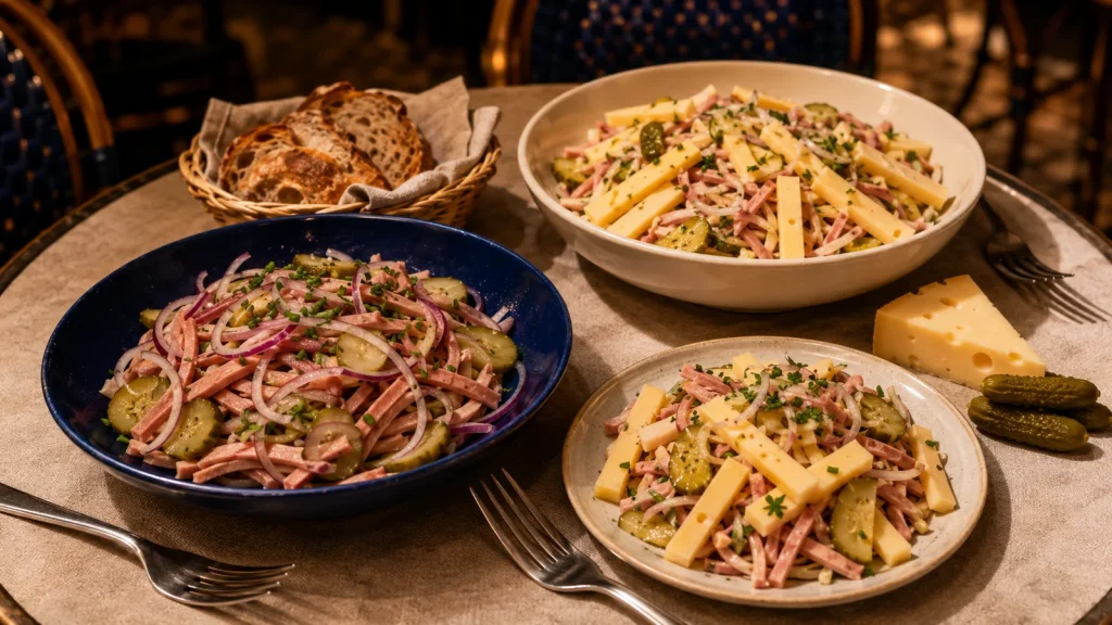 Drei regionale Wurstsalate mit Brot und Cornichons.