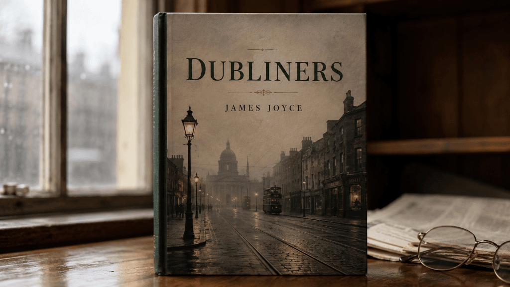 Bücher über Irland: Dubliners von James Joyce mit nebliger Dubliner Straße