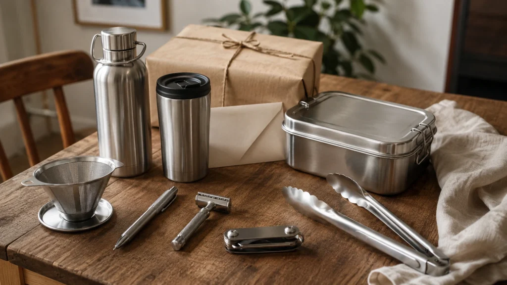 Praktische Edelstahl Geschenke für Männer mit Trinkflasche, Lunchbox, Thermobecher und Rasierer auf einem Holztisch.