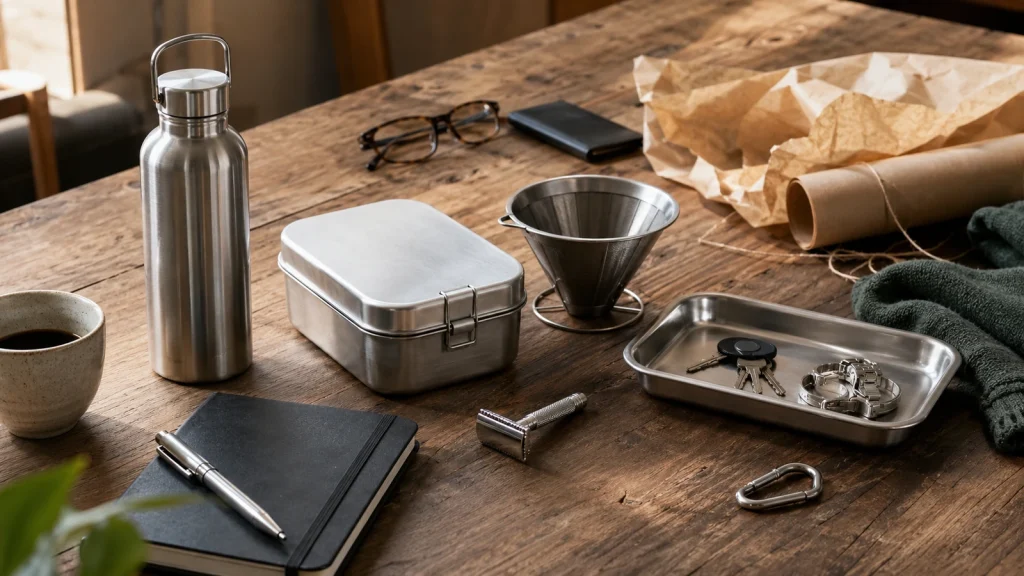 Praktische Edelstahl Geschenke für Männer mit Flasche, Lunchbox, Rasierer, Stift, Kaffeefilter und Schlüsseln.
