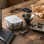 Praktische Edelstahl Geschenke für Männer mit Flasche, Lunchbox, Rasierer, Stift, Kaffeefilter und Schlüsseln.