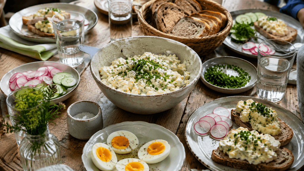 Eiersalat mit Skyr Rezept als proteinreicher Brunch für mehrere Personen mit Brotkorb, Eierhälften, Gurken, Radieschen und Schnittlauch.