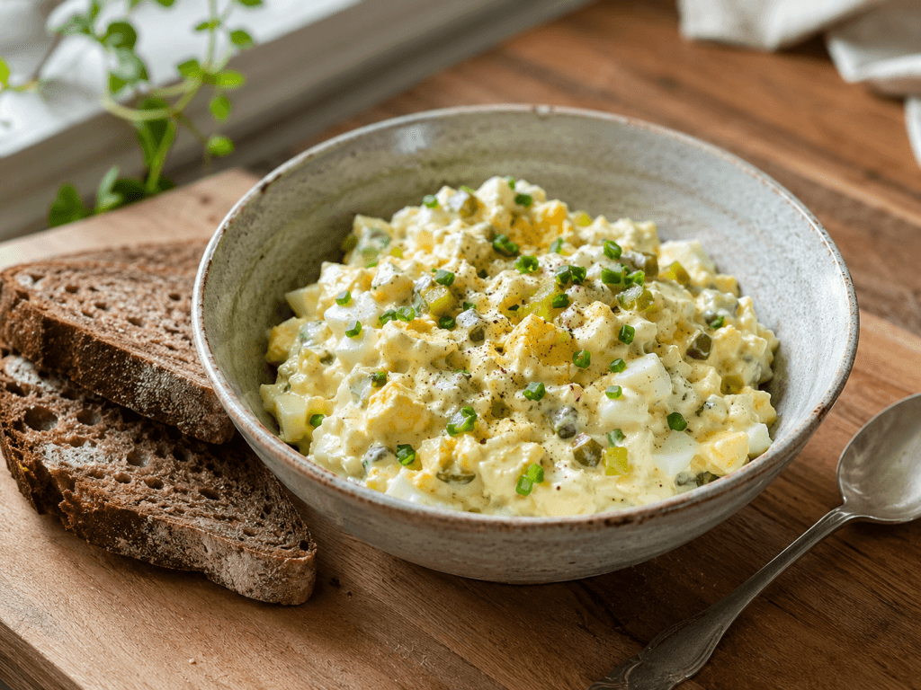 Klassischer Eiersalat mit Skyr Rezept in einer Keramikschale mit Roggenbrot