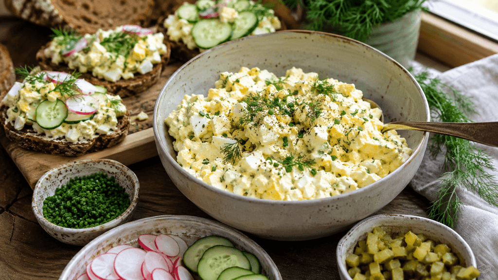Eiersalat mit Skyr Rezept mit Servierideen: Schüssel mit cremigem Salat, belegte Brote, Gurken, Radieschen, Dill und Gewürzgurken.