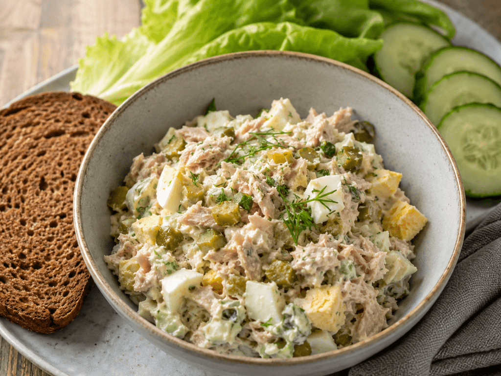 Proteinreicher Eiersalat mit Skyr und Thunfisch mit Gurke, Kräutern und Roggenbrot