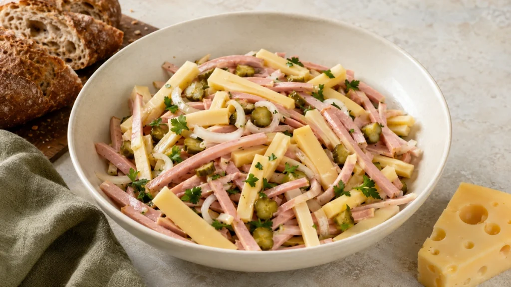 Elsässer Wurstsalat mit festen Emmentalerstreifen und Gewürzgurken
