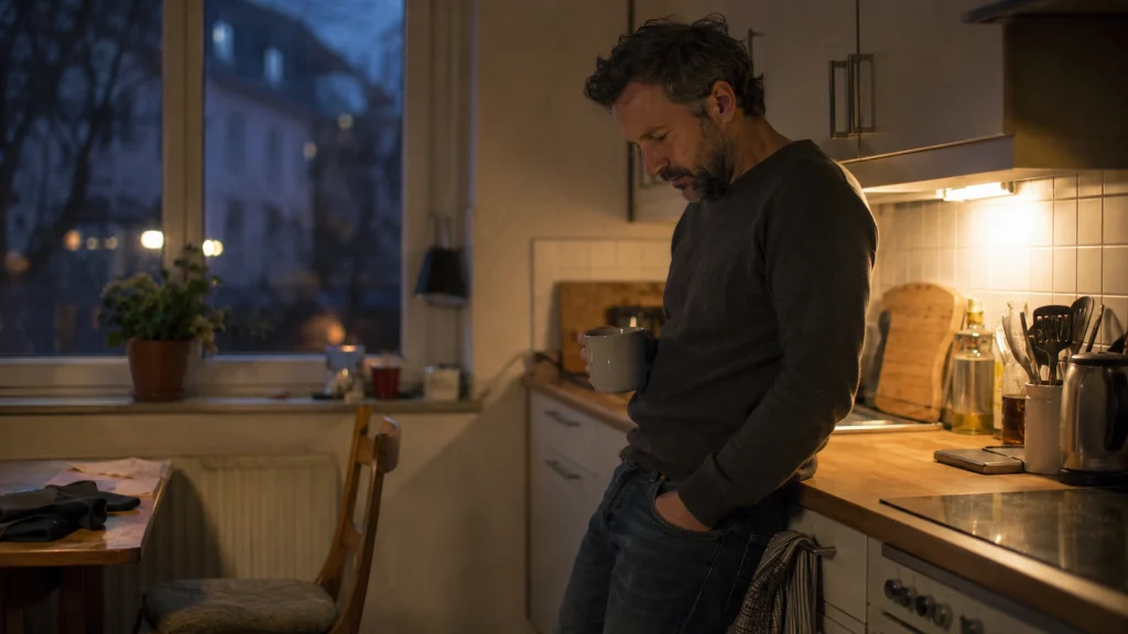 Nachdenklicher Mann in einer Küche nach einem stillen, schweren Gespräch.