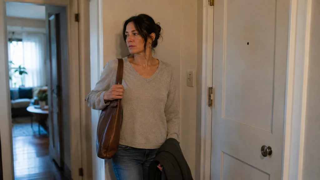 Frau mit Tasche steht nachdenklich im Flur einer Wohnung.
