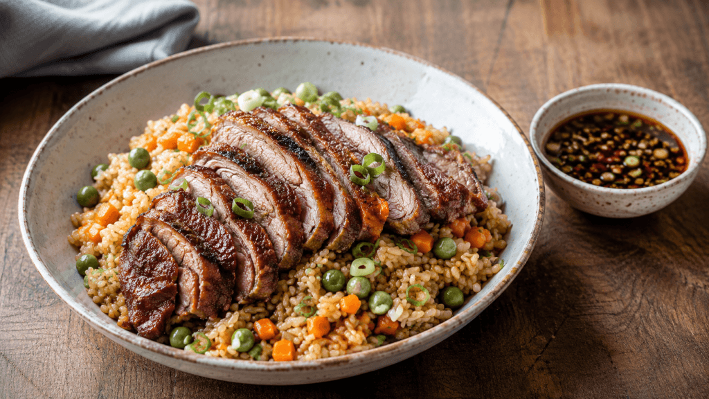 Reisschale mit Ente, Gemüse und dunkler Soja-Limetten-Sauce daneben