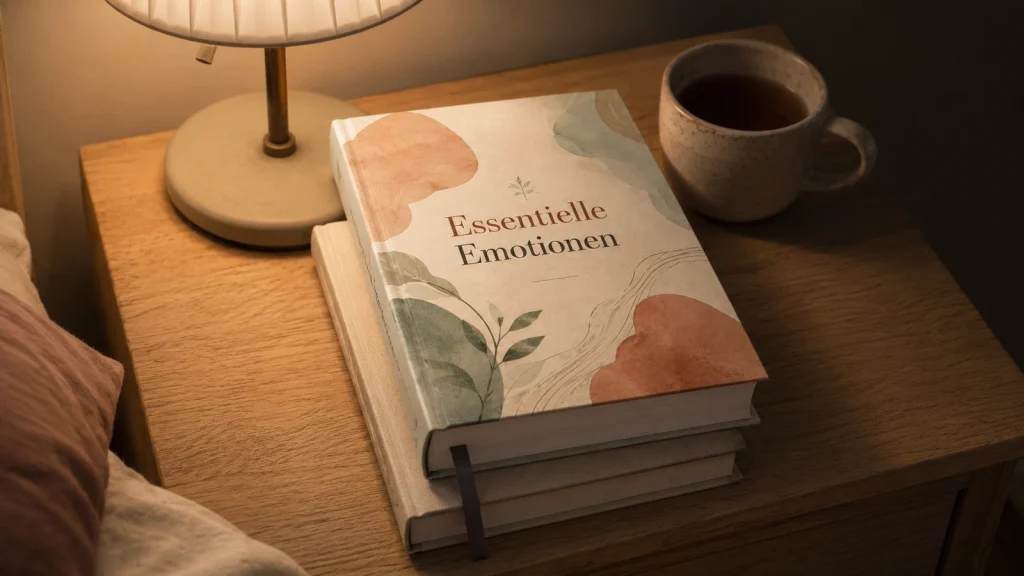 Essentielle Emotionen Buch auf einem Nachttisch mit Leselampe, Tasse und Lesezeichen