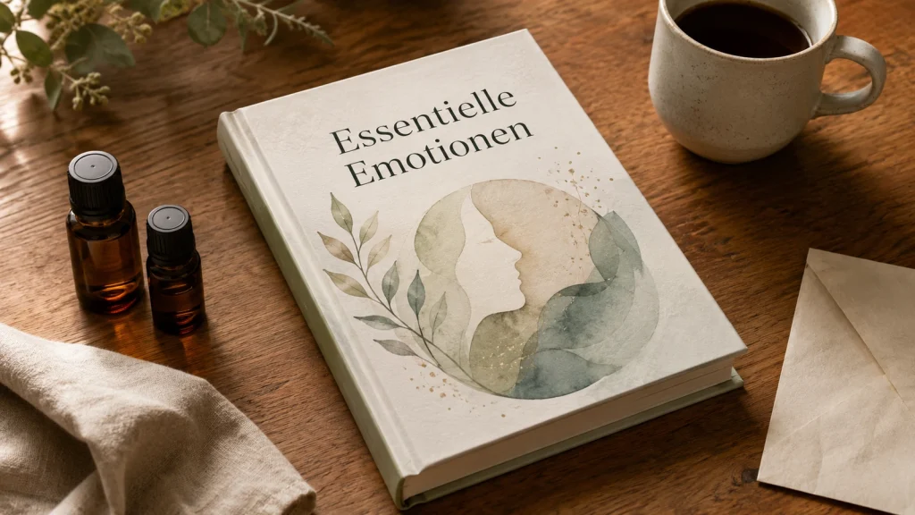 Essentielle Emotionen Buch mit ätherischen Ölen, Kaffee und Notiz auf einem Holztisch