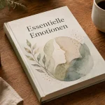 Essentielle Emotionen Buch mit ätherischen Ölen, Kaffee und Notiz auf einem Holztisch