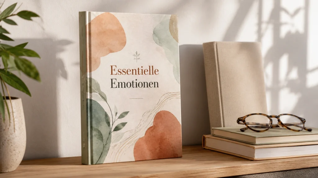 Essentielle Emotionen Buch steht im Regal neben Notizbuch, weiteren Büchern und Lesebrille