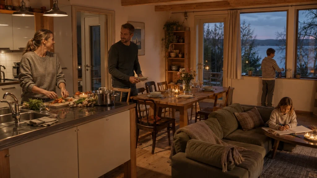 Eltern bereiten das Abendessen vor, während zwei Kinder im Wohnzimmer beschäftigt sind