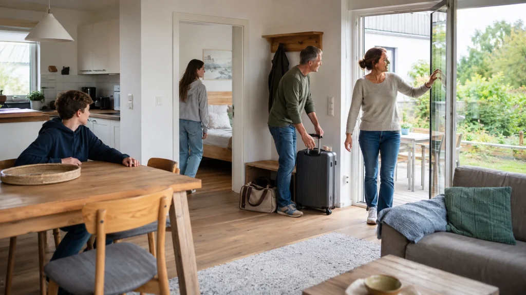 Familie prüft nach der Ankunft Platz und Ausstattung in einem Ferienhaus