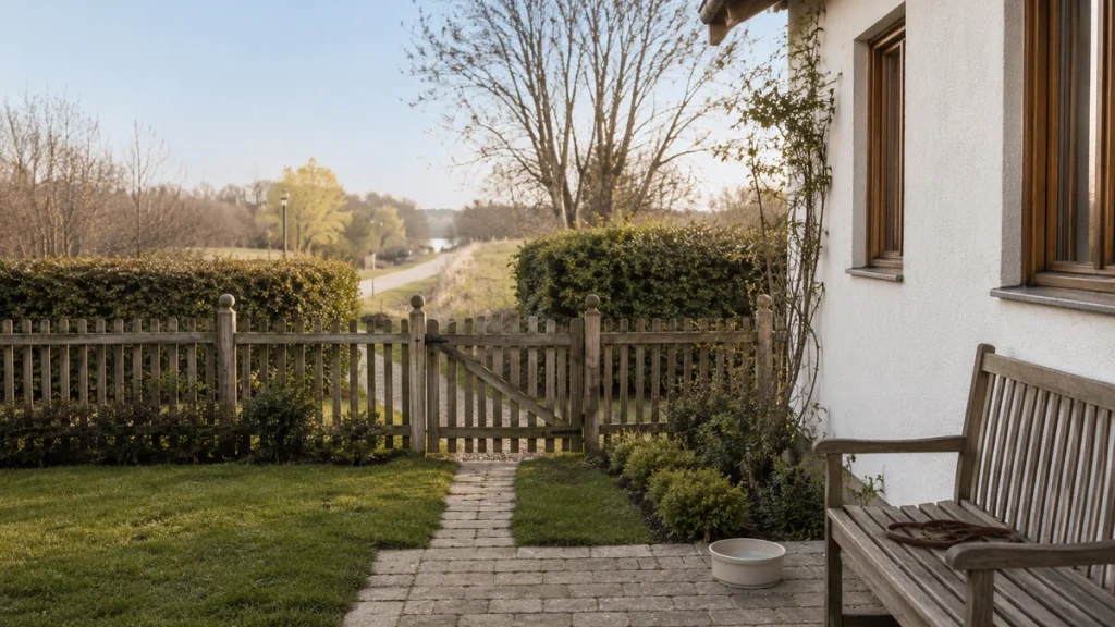 Geschlossener Garten eines Ferienhauses mit Hundeleine auf der Bank
