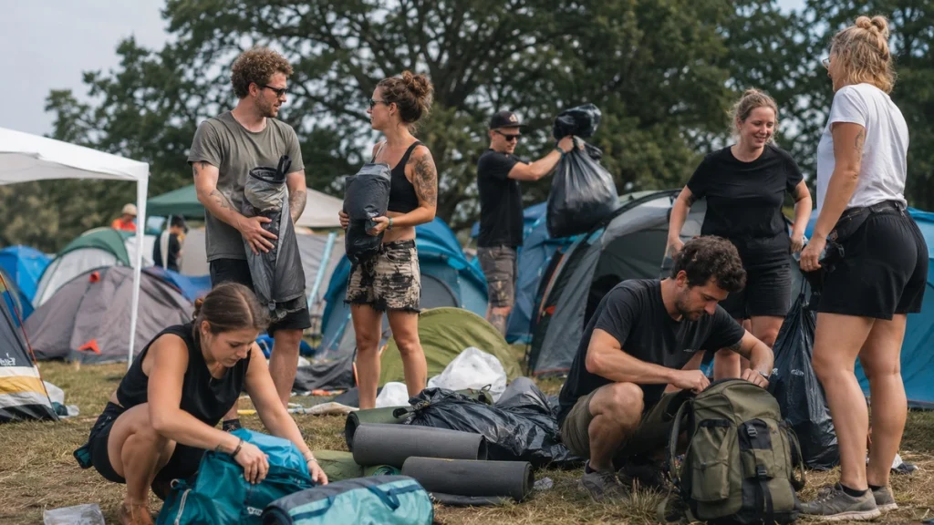 Freunde packen nach dem Festival ihre Campingausrüstung zusammen