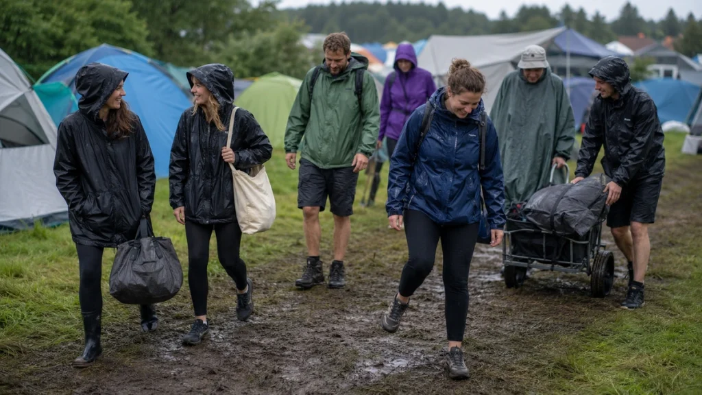 Festivalbesucher in Regenjacken auf einem nassen Campingplatz