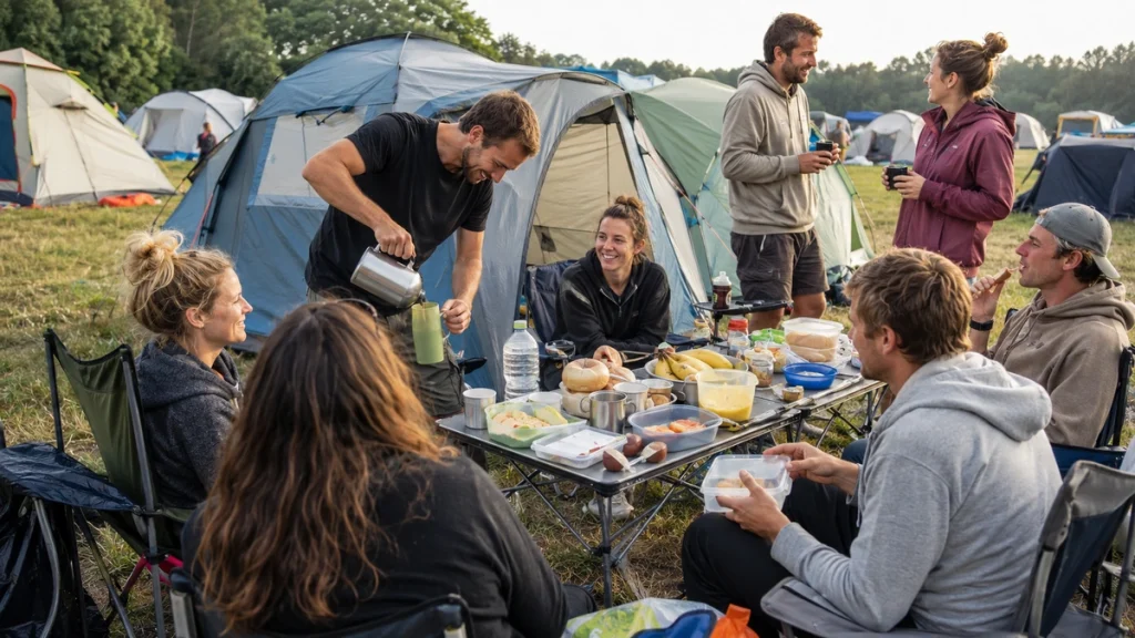 Freunde beim gemeinsamen Frühstück auf dem Festival-Campingplatz