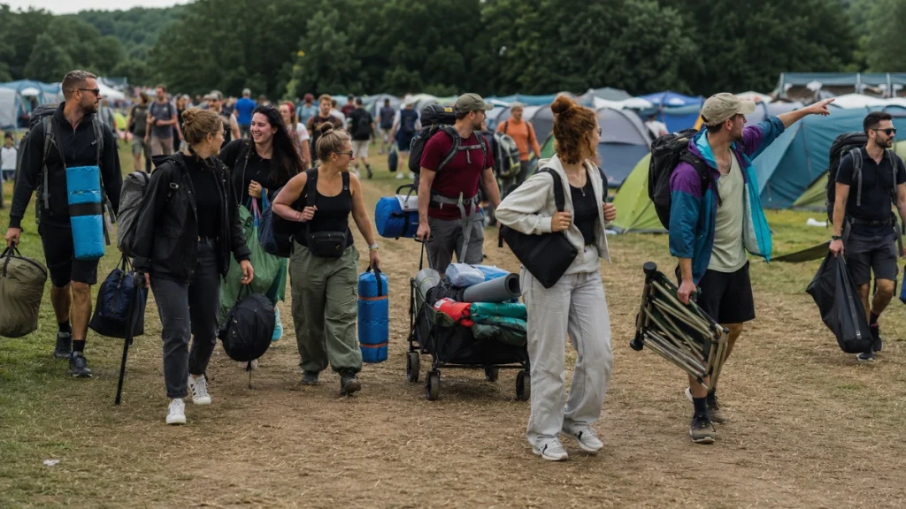 Festivalbesucher kommen mit Gepäck und Campingwagen am Zeltplatz an