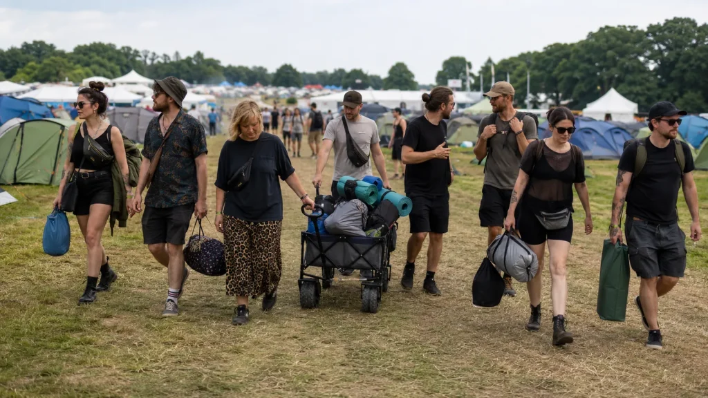Acht Freunde kommen mit einem beladenen Bollerwagen und ihrer Campingausrüstung auf dem Festivalplatz an.
