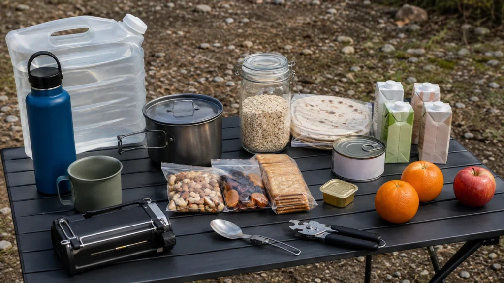 Festival-Packliste mit Essen und Wasser fürs Camping: Haferflocken, Wraps, Nüsse, Obst, Cracker, Konserve, Trinkflasche und Campingkocher