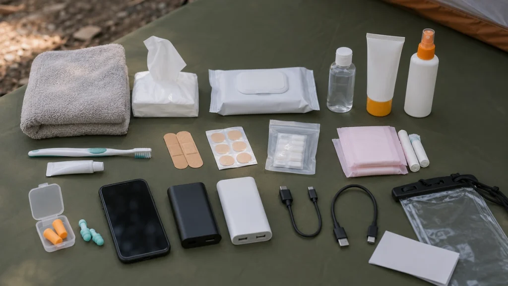 Hygieneartikel, Pflaster, Ohrstöpsel, Smartphone, Powerbanks und Kabel auf einer Campingmatte