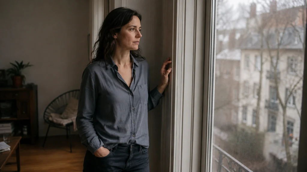 Frau steht in einer einfachen Wohnung am Fenster und schaut still nach draußen