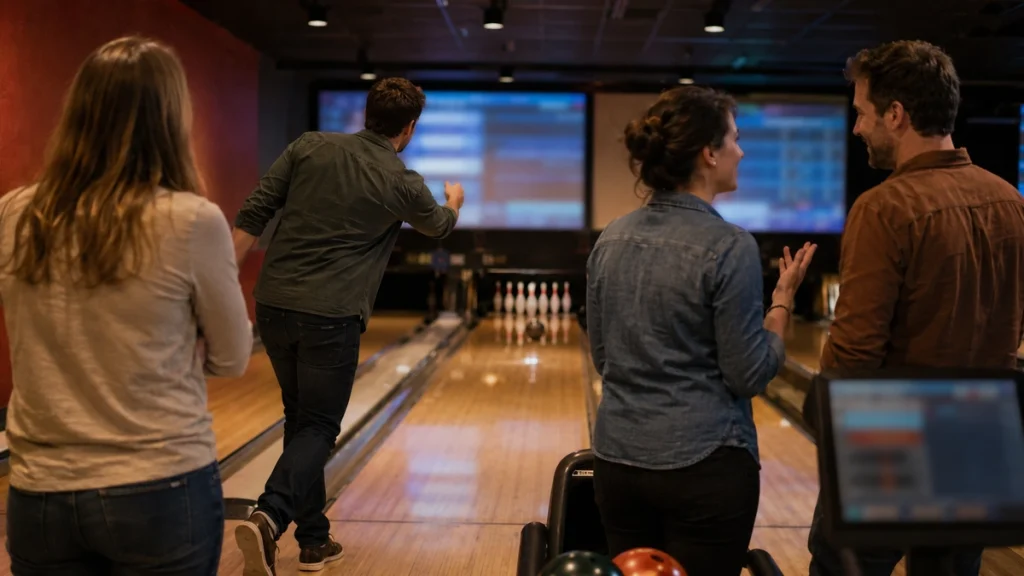 Freunde verfolgen einen Bowlingwurf und sprechen über das Ergebnis