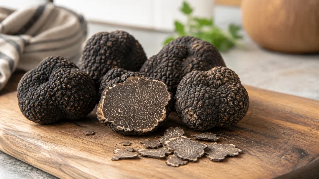 Frische schwarze Trüffel auf Holzbrett richtig lagern