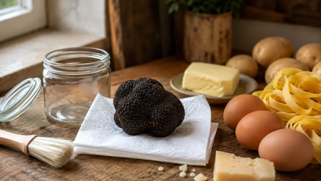 Frischer schwarzer Trüffel mit Glas, Papier, Pasta, Eiern und Zutaten für schnelle Rezepte