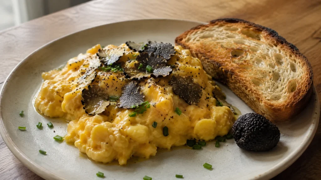 Weiches Rührei mit frischem schwarzem Trüffel und Toast als schnelles Rezept