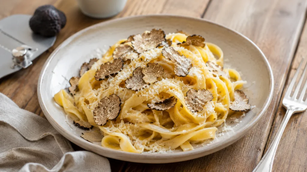 Tagliatelle mit Butter, Parmesan und frischem schwarzem Trüffel als schnelles Rezept
