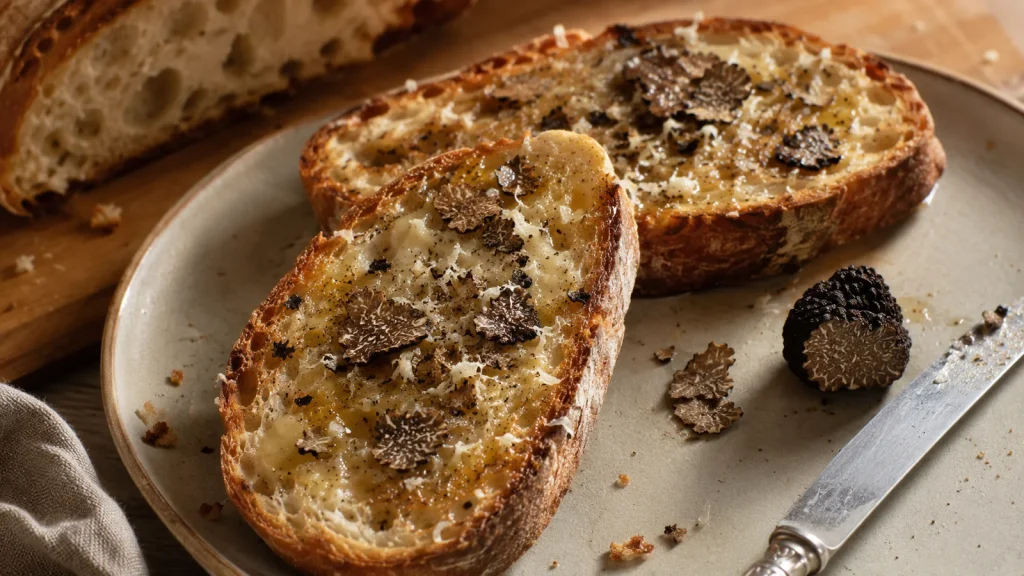 Geröstetes Brot mit Trüffelbutter und frischem schwarzem Trüffel als schnelles Rezept