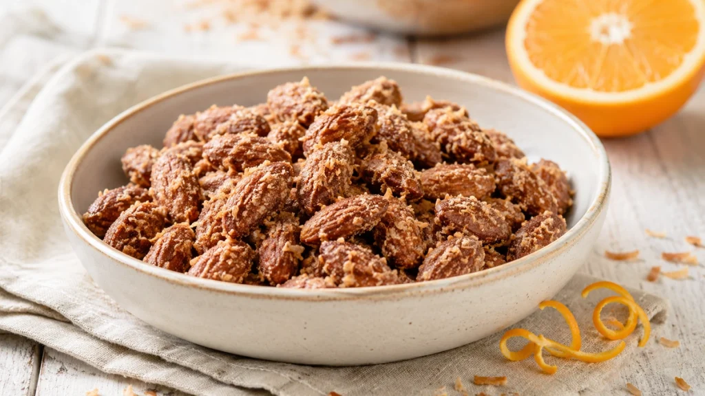 Gebrannte Mandeln mit Kokosflocken und frischer Orangenzeste