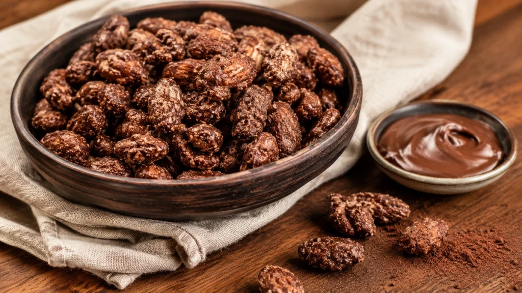 Gebrannte Mandeln mit Nutella in einer dunklen Keramikschale