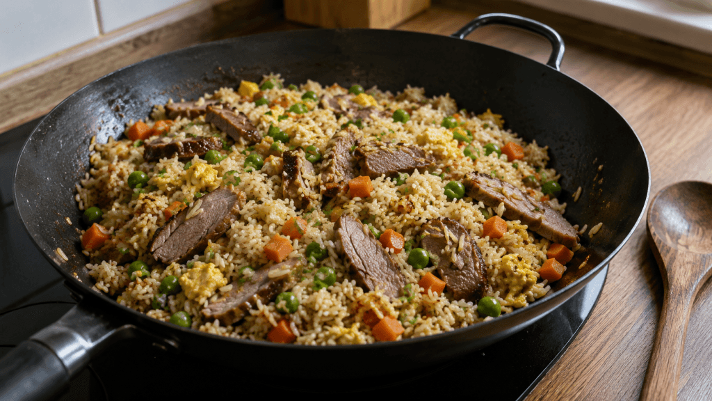 Gebratener Reis mit Ente in der Pfanne mit Ei und Gemüse