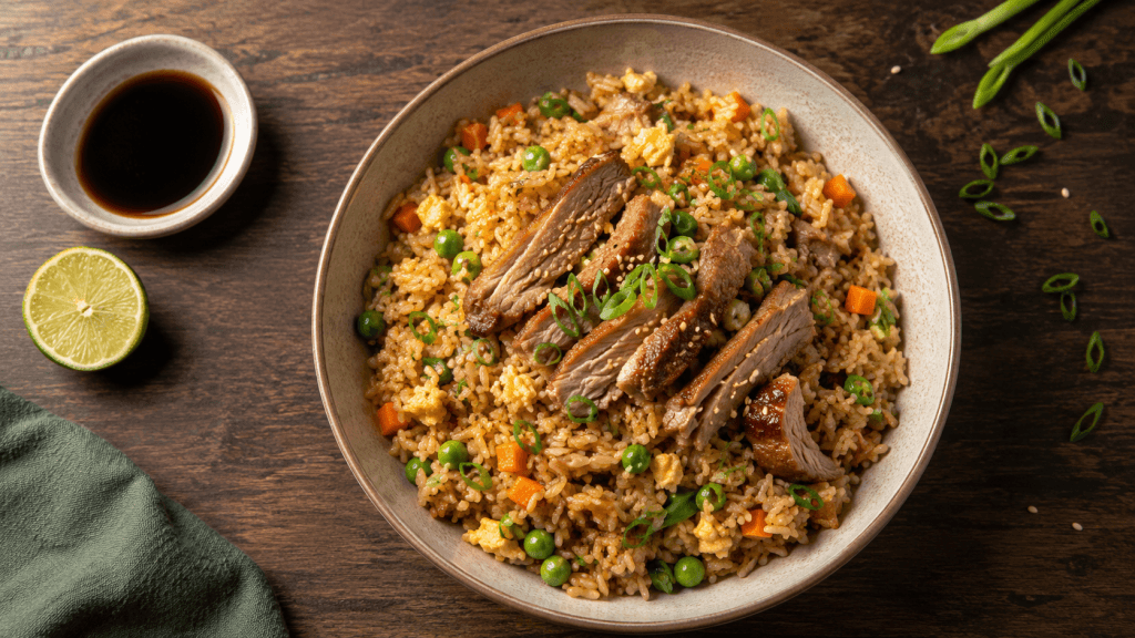 Gebratener Reis mit Ente von oben mit Sojasauce, Limette und Frühlingszwiebeln