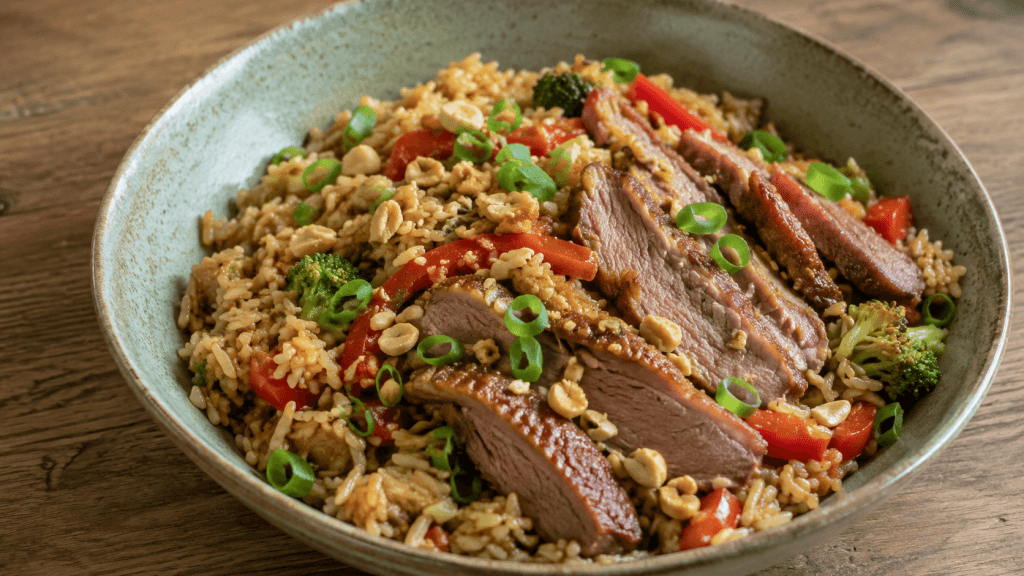 Gebratener Reis mit Ente, Erdnusssauce, Brokkoli, Paprika und Frühlingszwiebeln