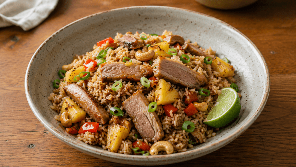 Gebratener Reis mit Ente, Ananas, Paprika, Cashews und Limette