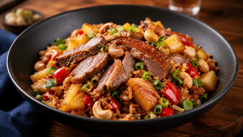 Gebratener Reis mit Ente, Ananas, Paprika, Cashewkernen und Frühlingszwiebeln