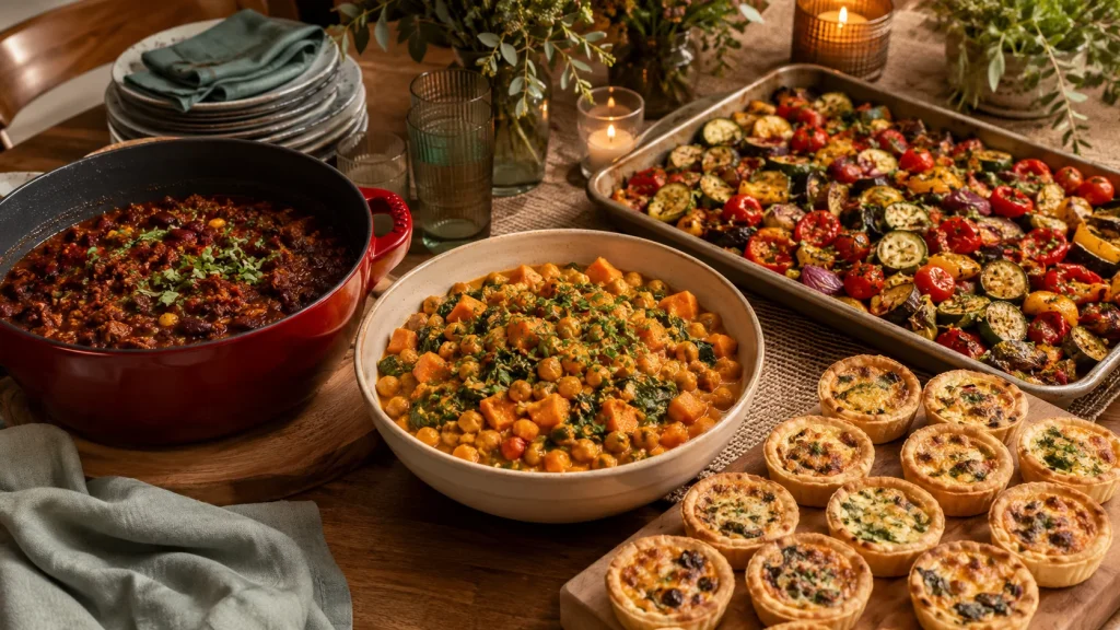 Abwechslungsreiches Geburtstagsbuffet mit Chili, Süßkartoffel-Curry, buntem Ofengemüse und Mini-Quiches